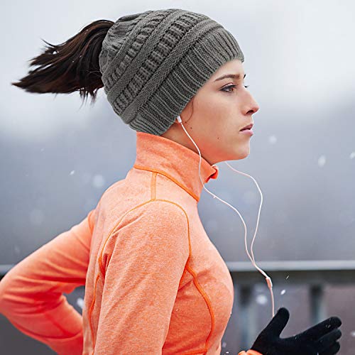 QKURT Gorro de Invierno para Mujer, Gorro de Cola de Caballo Gorro de Estiramiento Suave y cálido Tejido de Punto Gorro de Calavera desordenado y Alto Gorro de Calavera