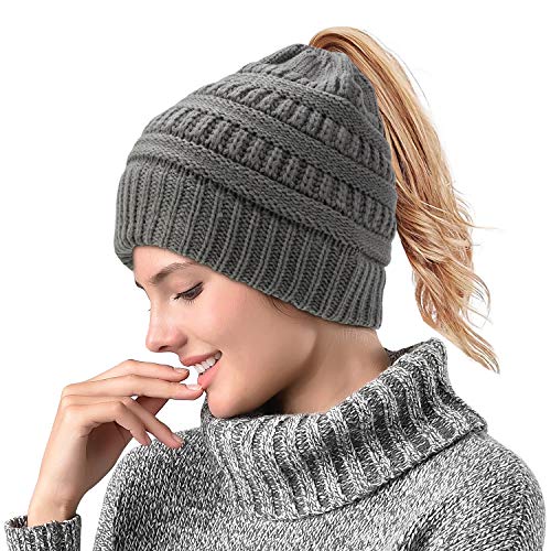 QKURT Gorro de Invierno para Mujer, Gorro de Cola de Caballo Gorro de Estiramiento Suave y cálido Tejido de Punto Gorro de Calavera desordenado y Alto Gorro de Calavera