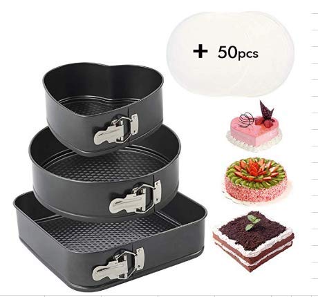 QLOUNI Kits de 3pcs Moldes Horno Desmontables Antiadherente Viene Tres Capas de Formas Diferentes Incluye 40 Hojas de Bandeja para Hornear de 25cm Perfecto para Hornear Quesos,Tartas y Bizcochos,etc