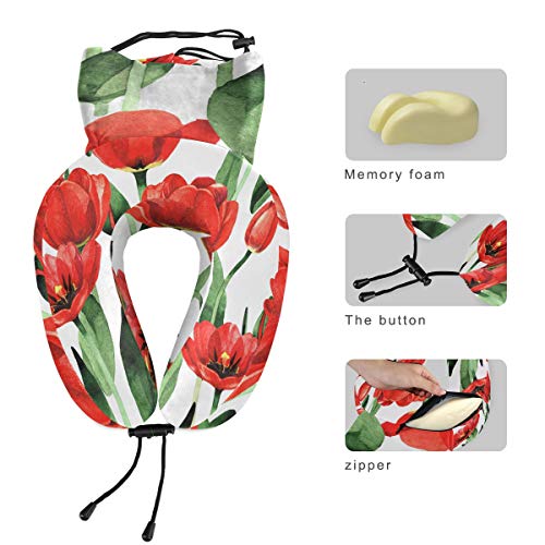 QMIN Almohada de Viaje Arte Pintura Amapola Hojas Florales, Espuma viscoelástica Cuello Almohada Apoyo, Forma de U Almohada ergonómica Cuello cojín, Kit de Viaje para Largo Haul Aviones Coche Tren