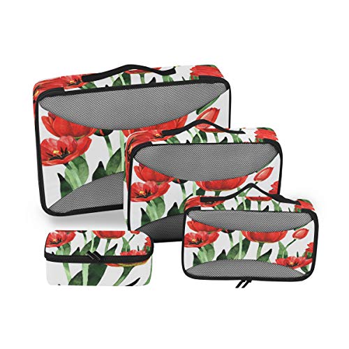 QMIN - Juego de 4 Cubos de Embalaje de Viaje, diseño de Amapolas, Hojas Florales, Bolsa organizadora de Equipaje de Malla, Bolsa de Almacenamiento para Mochilas de Viaje