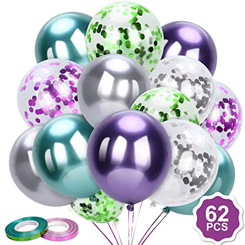 Qpout 62 Piezas 12 Pulgadas Flash Globos metálicos Globos de Confeti de látex Globos de Helio Verde Plateado púrpura Suministros de Fiesta para Sirena océano mar Pescado Fiesta