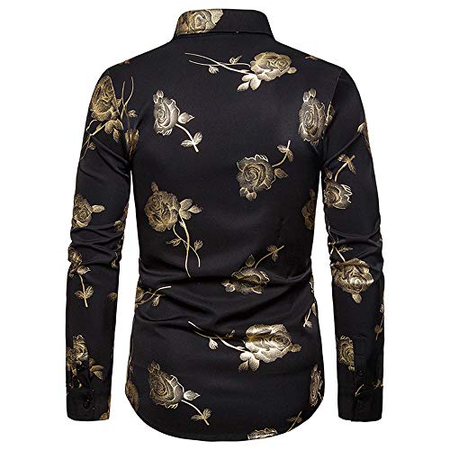 qulvyushangmaobu Camisa Floral para Hombres Camisa de Vestir de Manga Larga con Estampado de Rosas Doradas Floral para Hombres Camisa Floral de algodón Dorado de Manga Larga Botón Retro Informal