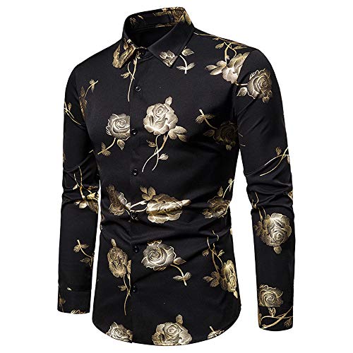 qulvyushangmaobu Camisa Floral para Hombres Camisa de Vestir de Manga Larga con Estampado de Rosas Doradas Floral para Hombres Camisa Floral de algodón Dorado de Manga Larga Botón Retro Informal