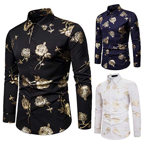 qulvyushangmaobu Camisa Floral para Hombres Camisa de Vestir de Manga Larga con Estampado de Rosas Doradas Floral para Hombres Camisa Floral de algodón Dorado de Manga Larga Botón Retro Informal