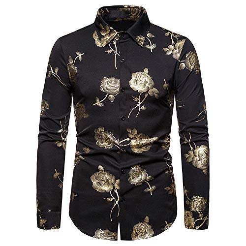 qulvyushangmaobu Camisa Floral para Hombres Camisa de Vestir de Manga Larga con Estampado de Rosas Doradas Floral para Hombres Camisa Floral de algodón Dorado de Manga Larga Botón Retro Informal