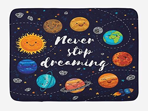 Quote Bath Mat, Outer Space Planets and Star Cluster Solar System Moon and Comets Sun Cosmos Illustration, Plush Bathroom Decor Mat with Non Slip Backing, 29.5 W X 17.5 W Inches, Multi