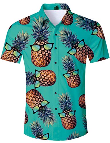 RAISEVERN Camisa Hawaiana con Estampado de piña Frutas Cortas Estilo Hip Hop de Verano, Verde para Hombre