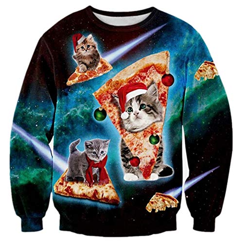 RAISEVERN Estilo Gatito del Gato de Navidad Feo Lindo en el diseño de Pizza Vacaciones de Navidad Suéter Superior para los Hombres de Las Mujeres