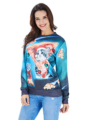 RAISEVERN Estilo Gatito del Gato de Navidad Feo Lindo en el diseño de Pizza Vacaciones de Navidad Suéter Superior para los Hombres de Las Mujeres