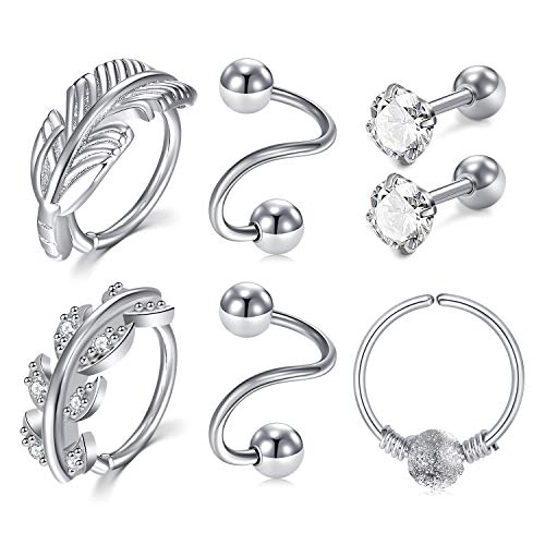 Rajnard Piercing Tragus Helix cartilago Oreja Aros Plata Acero Quirurgico 16G con CZ Espiral Barbell Piercing Joyería 7 Piezas