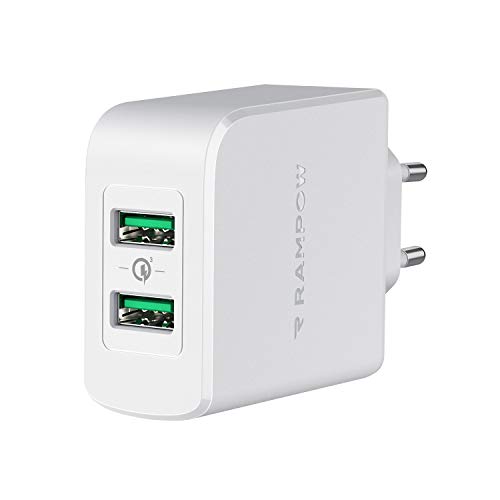 RAMPOW Cargador USB, 39W Quick Charge 3.0 Cargador Móvil, Cargador Pared 2 Puertos USB Cargador Rápido para Teléfonos y Tabletas, iPhone, Samsung, LG, Sony, Huawei, Xiaomi, BQ Aquaris X y más - Blanco