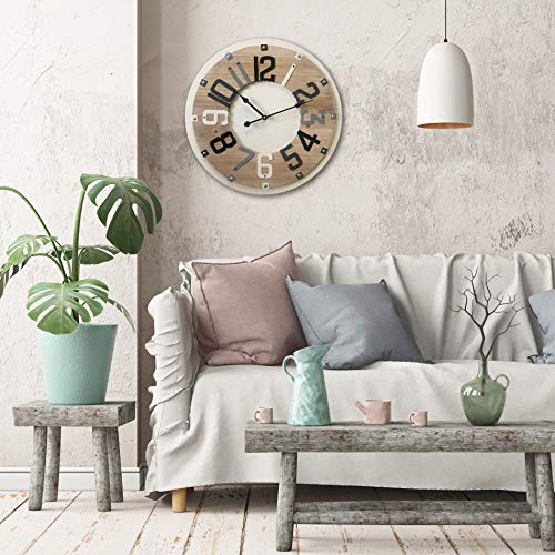 Rebecca Mobili Reloj Redondo, Accesorios de Pared, Madera Metal, Beige marrón, Estilo Moderno, decoración Sala de Estar - Medidas Ø 60 cm x P 4,5 cm (AxANxF) - Art. RE4993