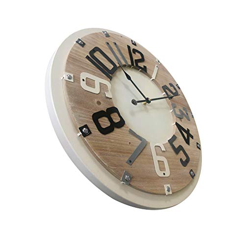 Rebecca Mobili Reloj Redondo, Accesorios de Pared, Madera Metal, Beige marrón, Estilo Moderno, decoración Sala de Estar - Medidas Ø 60 cm x P 4,5 cm (AxANxF) - Art. RE4993