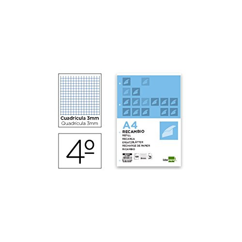 RECAMBIO LIDERPAPEL CUARTO 100 HOJAS 60G/M2 CUADRO 3MM CON MARGEN 6 TALADROS