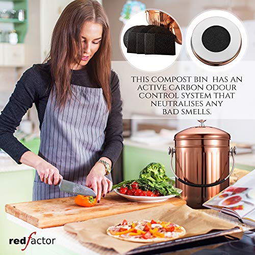 RED FACTOR Premium Cubo Reciclaje de Cocina Inodoro de Acero Inoxidable - Cubo Basura Reciclaje - Incluye 6 Filtros de Carbón Activo de Repuesto (Cobre, 5 litros)