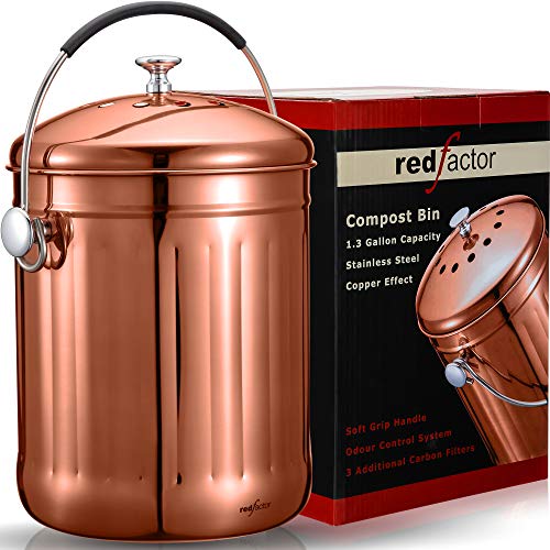 RED FACTOR Premium Cubo Reciclaje de Cocina Inodoro de Acero Inoxidable - Cubo Basura Reciclaje - Incluye 6 Filtros de Carbón Activo de Repuesto (Cobre, 5 litros)