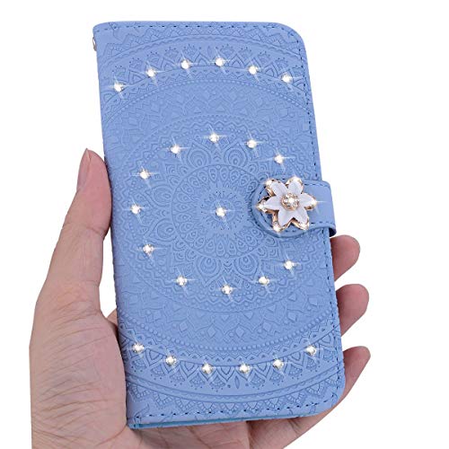 Reevermap - Carcasa para iPhone 12 Mini con purpurina y brillantes brillantes con diamantes de imitación, diseño de mandala en relieve, color azul cielo