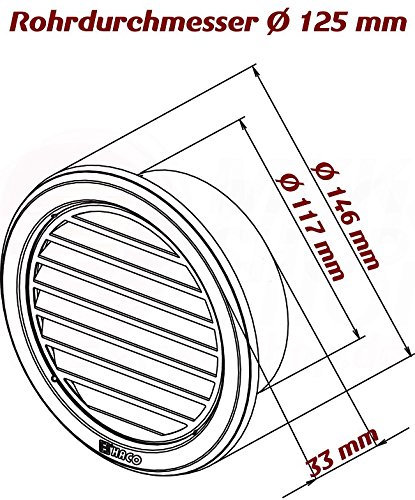 Rejilla de ventilación (Ø 75 100 110 125 150 mm ), protección contra la intemperie, láminas de acero inoxidable, canalizado redondo antiinsectos, para garaje, cocina, baño, pared, etc., Ø 125 mm