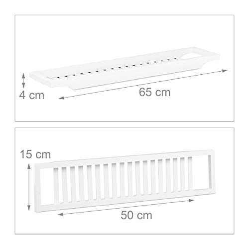 Relaxdays Bandeja Bañera, Tabla de Baño, Soporte, Estante, Balda, Repisa, Relax, Bambú, 1 Ud, 4 x 65 x 15 cm, Blanco