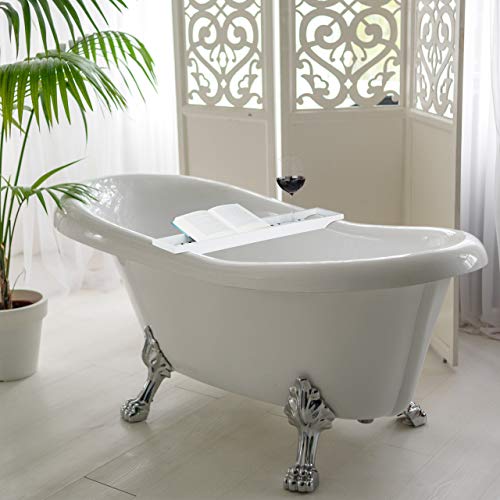 Relaxdays Bandeja Bañera, Tabla de Baño, Soporte, Estante, Balda, Repisa, Relax, Bambú, 1 Ud, 4 x 65 x 15 cm, Blanco