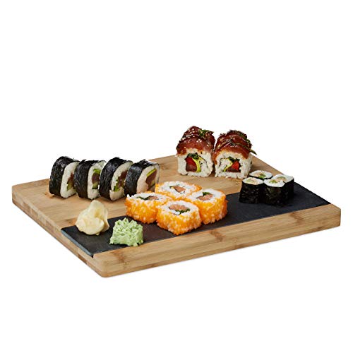 Relaxdays Tabla Cortar Cocina, Plato Pizarra Servir, Bandeja Rectangular Maciza, Bambú, 1 Ud, 2 x 30,6 x 25 cm, Marrón