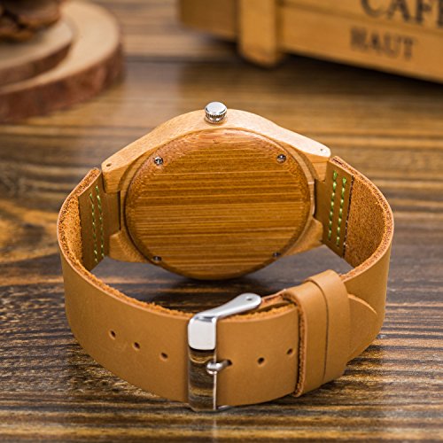 Reloj de Madera de Cuero, Relojes de brújula de bambú Hechos a Mano MUJUZE, Relojes de Pulsera para Hombre con Correa de Vaca marrón (Bamboo Compass)