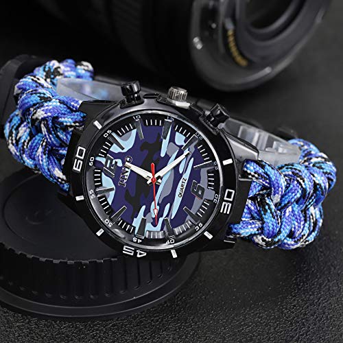 Relojes Supervivencia Militar Multifuncional Relojes Brújula para Hombre Relojes Termometro Camuflaje, Azul