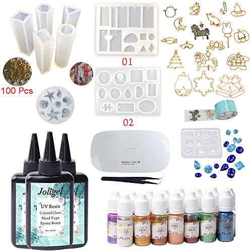 Resina Epoxi UV Transparente con Moldes Lámpara Tintes Nacarados + Biseles, 300ML Resina UV Kit para Hacer Manualidades Joyas Joyería Regalos Colgantes con Pigmento Líquido