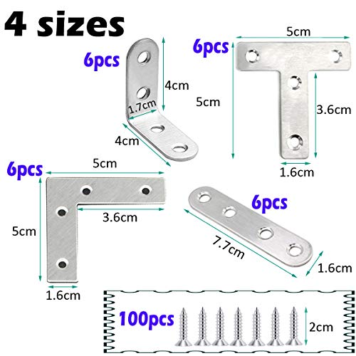 Resistente ‘L 'Forma" T", placas planas de acero inoxidable Soporte de ángulo de esquina Soporte de reparación con tornillos para reparación Fijación de madera, silla, muebles, mesa, cama, etc.