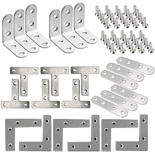 Resistente ‘L 'Forma" T", placas planas de acero inoxidable Soporte de ángulo de esquina Soporte de reparación con tornillos para reparación Fijación de madera, silla, muebles, mesa, cama, etc.