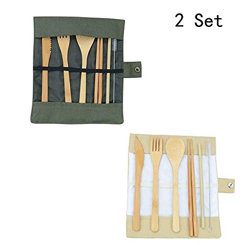 Reusable Bamboo Cutlery Set,Eco Friendly Wooden Utensil Kit,Camping Flatware Set for Replaceing Plastic Cutlery Set (Green+Beige)