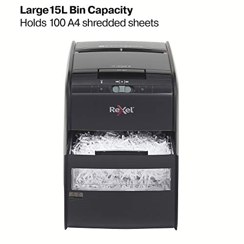 Rexel Auto+ 60X 2103060 - Destructora de papel con autoalimentación y corte en confeti para oficinas pequeñas (hasta 10 usuarios), papelera 15 l, negro