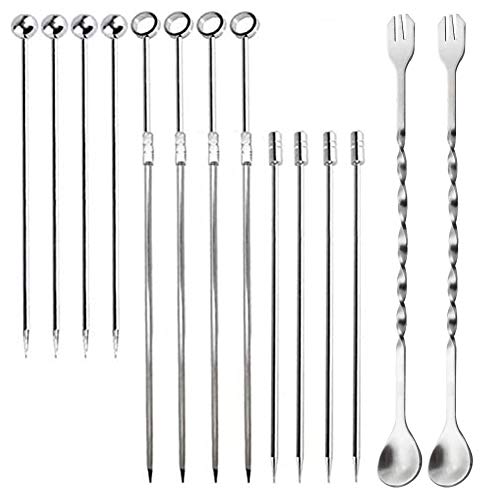 REYOK Juego de 18 Palillos de Cóctel de Acero Inoxidable y Cucharas de Mezcla,Palitos de Frutas para Aperitivos Palillos de Dientes Reutilizables para Fruta Decoraciones de Fiestas o Bodas