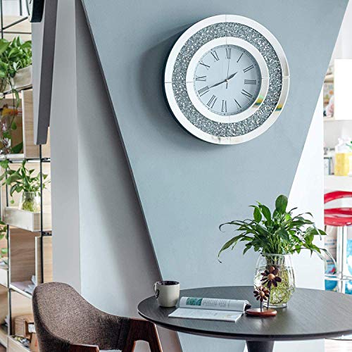 Richtop - Reloj de pared con espejo de cristal de diamante redondo grande y silencioso de cuarzo para casa, oficina, sala de estar, dormitorio, decoración de círculo, diámetro de 50 cm, color plateado