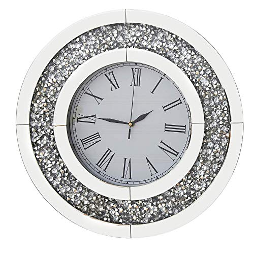 Richtop - Reloj de pared con espejo de cristal de diamante redondo grande y silencioso de cuarzo para casa, oficina, sala de estar, dormitorio, decoración de círculo, diámetro de 50 cm, color plateado