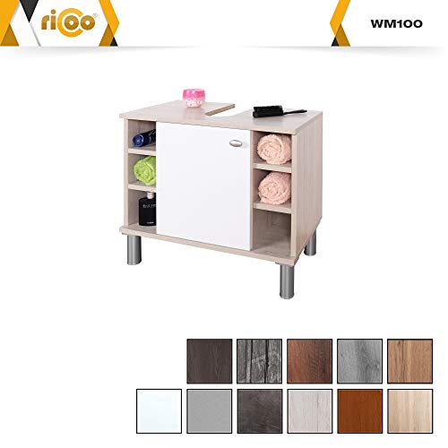 RICOO WM100-EP-W, Mueble baño bajo Lavabo, 60x54x32cm, Armario Auxiliar pequeño, Estantería Debajo lavamanos, Toallero, Madera Blanca y Roble marrón