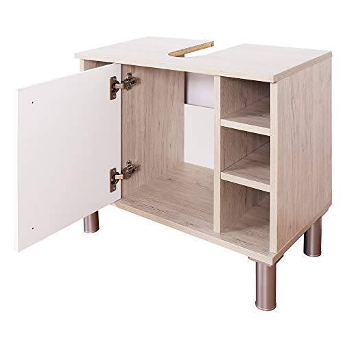 RICOO WM100-EP-W, Mueble baño bajo Lavabo, 60x54x32cm, Armario Auxiliar pequeño, Estantería Debajo lavamanos, Toallero, Madera Blanca y Roble marrón