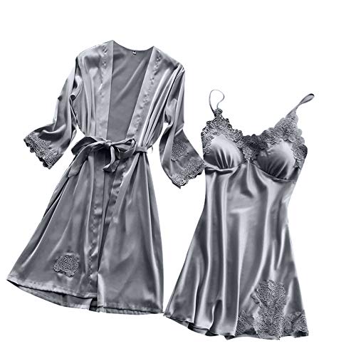 riou Damas de Invierno Pijamas de Encaje Sexy camisón Kimono Cardigan túnicas Vestido de Noche Superior de satén de Dos Piezas Interior Ropa Interior Sedosa cómoda