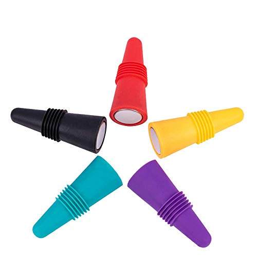 Rmeet Tapones de Vino,Silicona Tapones para Botellas Colores 5 Pack Reutilizables Tapones de Silicona con Tornillo para Preservar Cerveza Champaña Bebida Alcohol