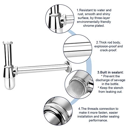 RMENOOR Desagüe para Lavabo de 33cm G1 1/4 Sifón de Baño Tuberia para Lavabo Universal Sifón para Baño Tuberia Desague Lavabo sin Desbordamiento Accesorios para Baño de Aleación de Zinc Cromo