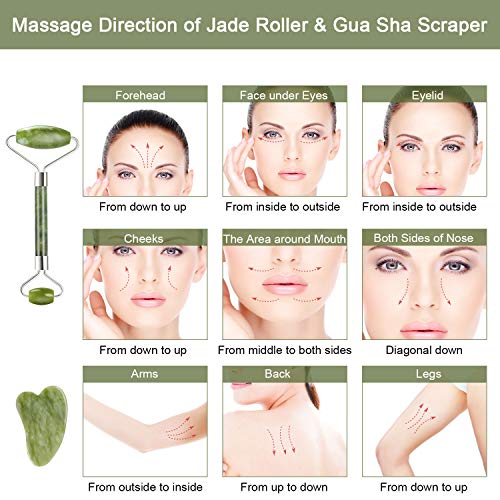 Rodillo de Jade, Aiemok Facial Masaje Piedra Gua Sha Jade, Natural Jade Roller Antienvejecedor Belleza Natural Dispositivo Herramienta Rejuvenece La Piel De La Cara Cuello y Cuerpo, Piel Que Aprieta