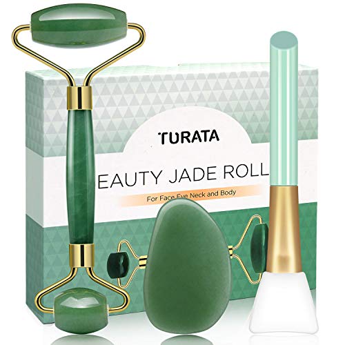 Rodillo de Jade, TURATA Facial Masaje Piedra Gua Sha Jade, Antienvejecedor Belleza Natural Dispositivo Herramienta, Rejuvenece La Piel De La Cara Cuello y Cuerpo, Piel Que Aprieta