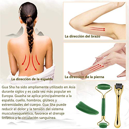 Rodillo de Jade,3 en 1 Dermaroller,Facial Masaje Piedra,rodillo facial titanio,Masajeador Facial Antienvejecimiento Con Herramienta De Raspar Gua Sha,por Ojos, Cara, Cuerpo