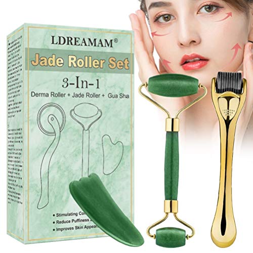 Rodillo de Jade,3 en 1 Dermaroller,Facial Masaje Piedra,rodillo facial titanio,Masajeador Facial Antienvejecimiento Con Herramienta De Raspar Gua Sha,por Ojos, Cara, Cuerpo