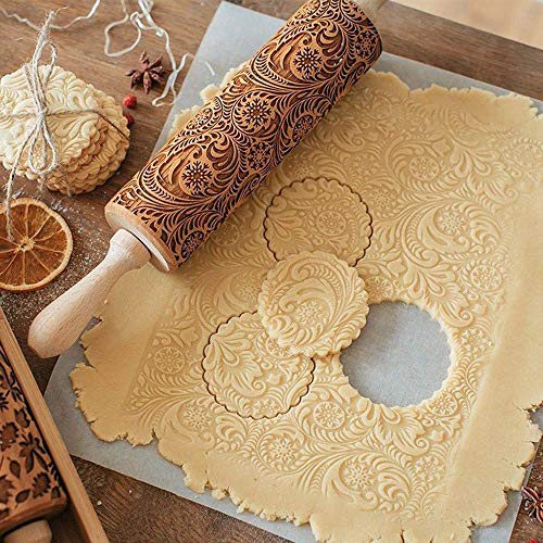 Rodillo de Madera Rodillo de Navidad Grabado en Relieve Rodillo de Cocina con Patrón Herramienta de Cocina Regalos para Fondant Galletas Masa Amasar Hornear Decoración Tartas Pasteles (43 x 5 cm)