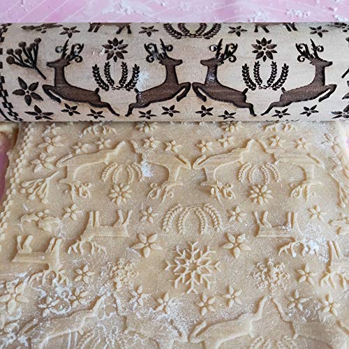 Rodillo en relieve navideño de 2 piezas, patrones de Navidad Herramienta de cocina de rodillo de haya de galleta para masa y fondant, costras, pasteles y herrumbre, pasteles de 43 cm-C