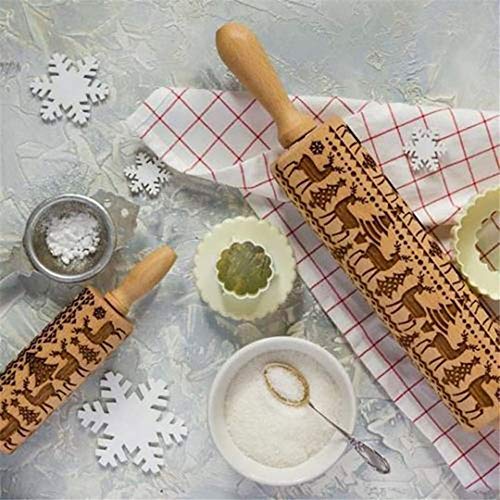 Rodillo en relieve navideño de 2 piezas, patrones de Navidad Herramienta de cocina de rodillo de haya de galleta para masa y fondant, costras, pasteles y herrumbre, pasteles de 43 cm-C