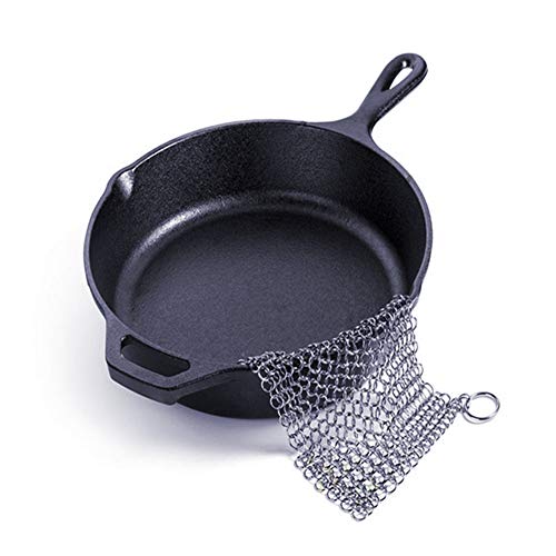 Romote 1 pieza de hierro fundido limpiador de acero inoxidable hierro fundido limpiador cadenas Scrubber accesorios para Cast Iron Pan Dutch Ovens hierro fundido parrilla Scraper Skillet Scraper Plata