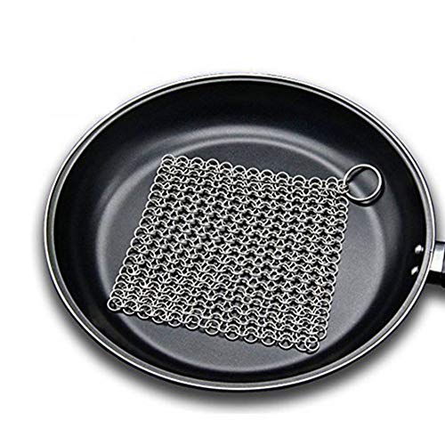 Romote 1 pieza de hierro fundido limpiador de acero inoxidable hierro fundido limpiador cadenas Scrubber accesorios para Cast Iron Pan Dutch Ovens hierro fundido parrilla Scraper Skillet Scraper Plata